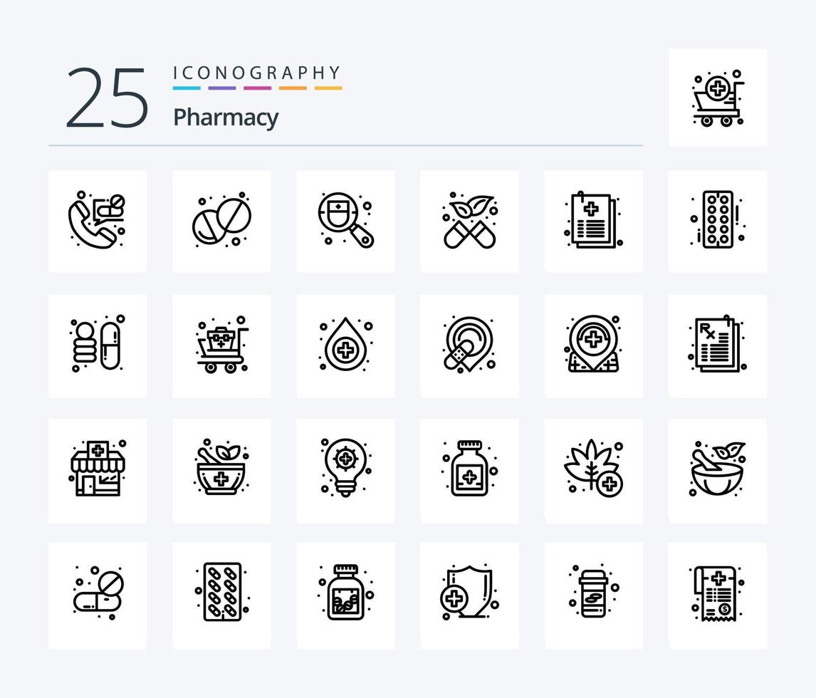 paquete de iconos de 25 líneas de farmacia que incluye archivo. cuidado de la salud. médico. documento. medicamento vector