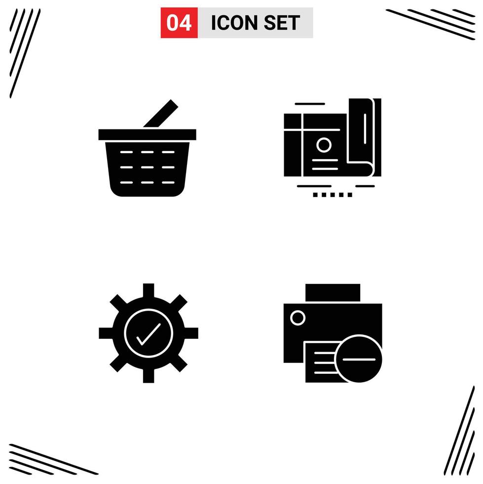 Solid Glyph Pack of 4 Universal Symbols of basket tick card voucher devices Editable Vector Design Elements