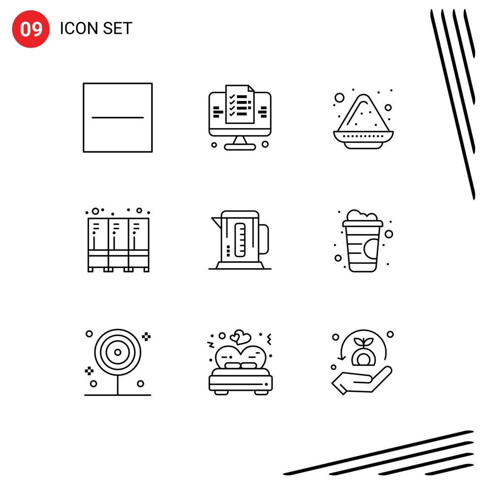Universal Icon Symbols Group of 9 Modern Outlines of coffee storage color plate locker security Editable Vector Design Elements