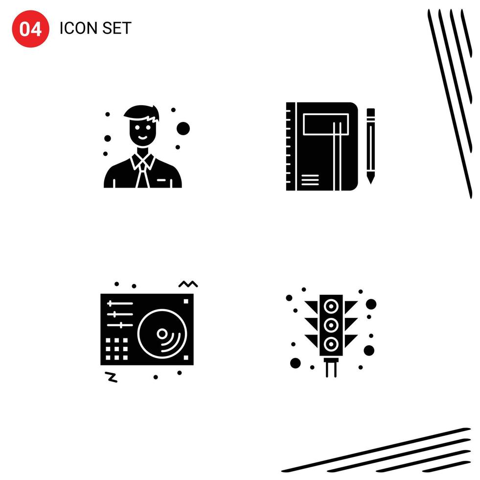 4 Thematic Vector Solid Glyphs and Editable Symbols of business sketch workbook notepad audio Editable Vector Design Elements