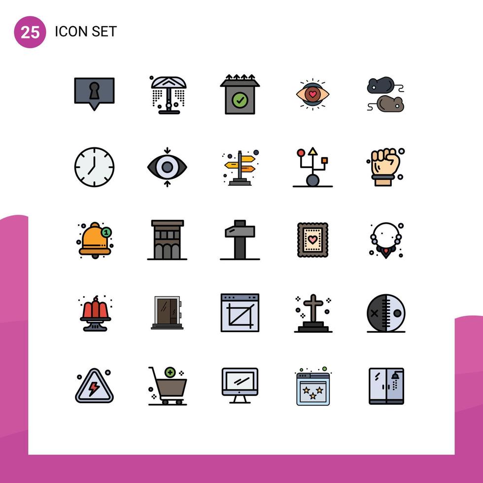 conjunto moderno de 25 colores y símbolos planos de línea rellena, como configuración de prueba de reloj, elementos de diseño de vectores editables ligeros
