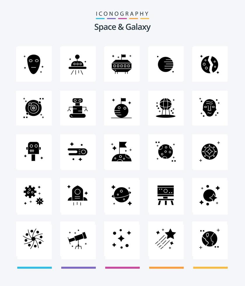 espacio creativo y paquete de iconos negros sólidos de 25 glifos de galaxia, como exoesqueleto. orbita. espacio. galaxia. planeta vector