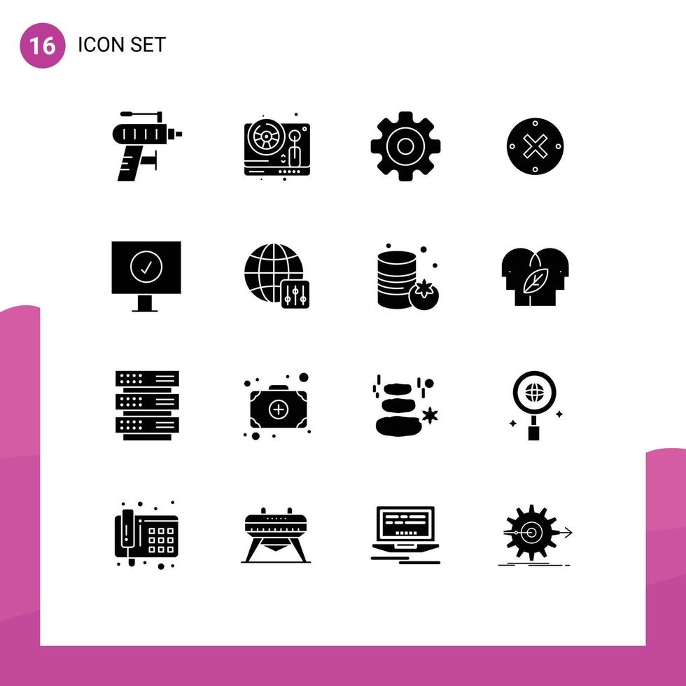 Editable Vector Line Pack of 16 Simple Solid Glyphs of computer cancel gear delete close Editable Vector Design Elements