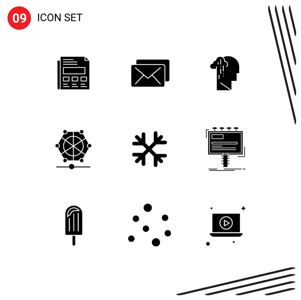 Universal Icon Symbols Group of 9 Modern Solid Glyphs of snow flakes data grief language machine Editable Vector Design Elements