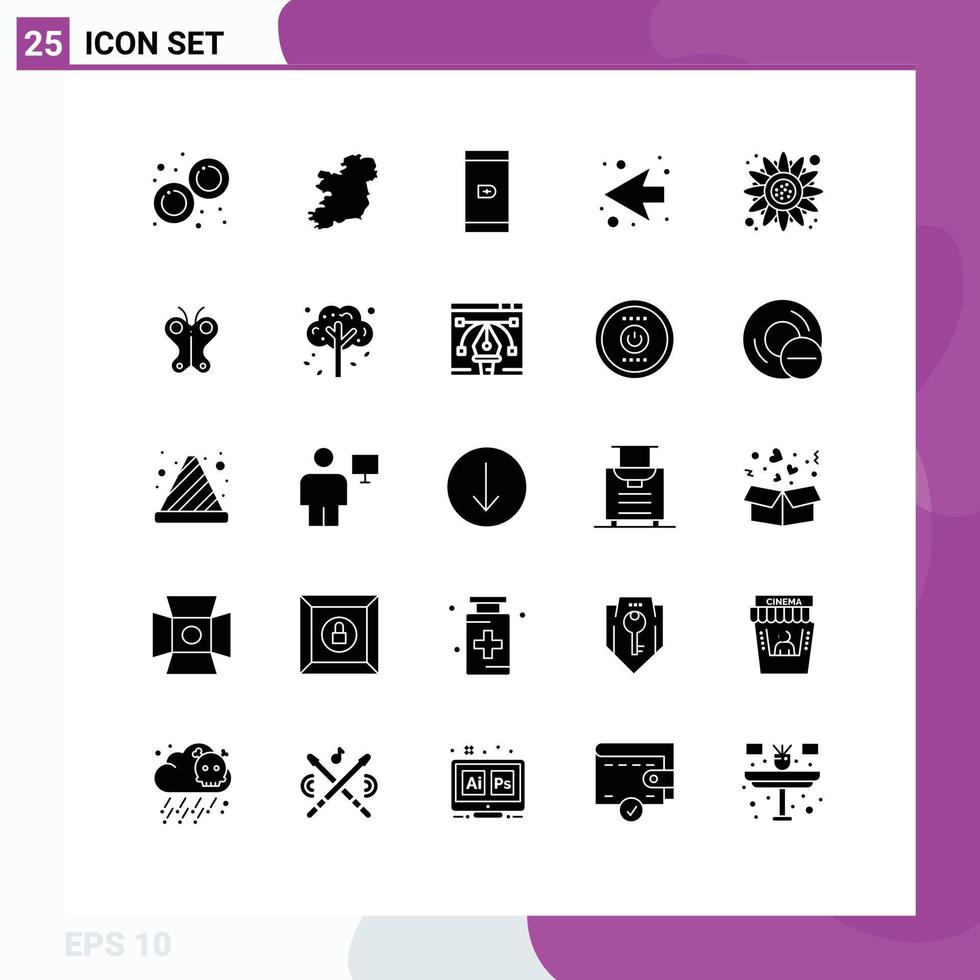 Group of 25 Solid Glyphs Signs and Symbols for animal sunflower payment flower left Editable Vector Design Elements
