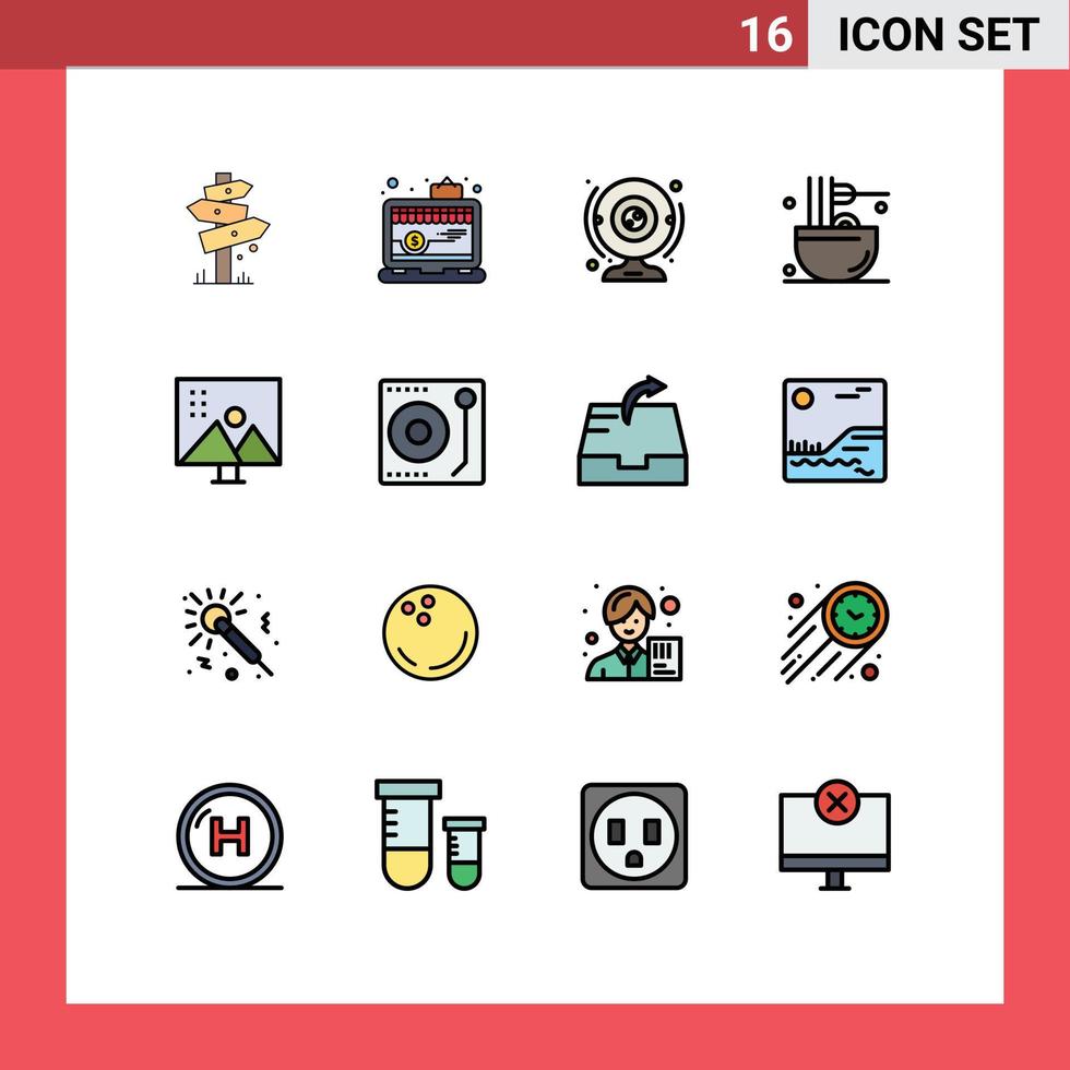 16 Universal Flat Color Filled Line Signs Symbols of meal drinks laptop cooking computer Editable Creative Vector Design Elements
