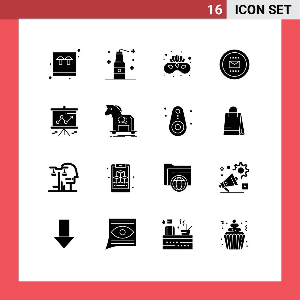 Pack of 16 creative Solid Glyphs of chart secretary carnival office envelope Editable Vector Design Elements