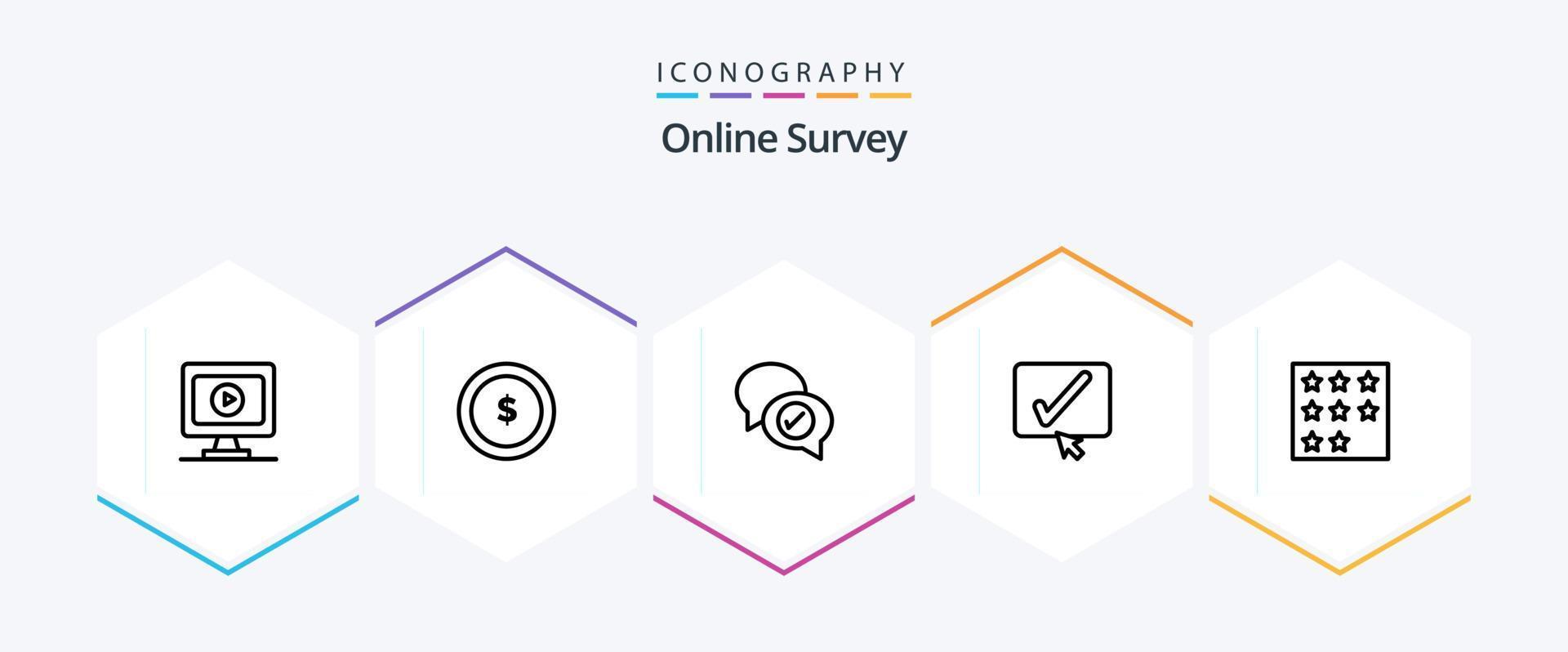 Online Survey 25 Line icon pack including tick . approve . finance. mail vector