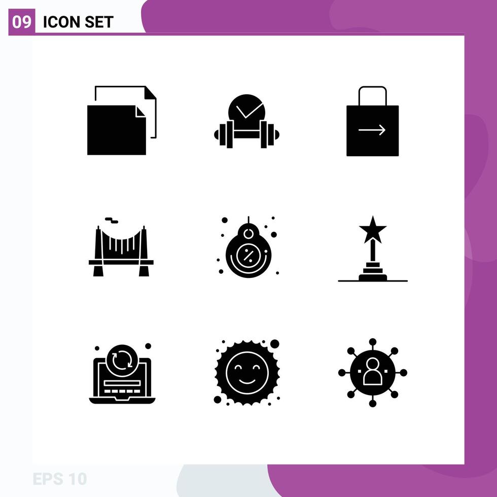 Modern Set of 9 Solid Glyphs Pictograph of label road key river bridge Editable Vector Design Elements