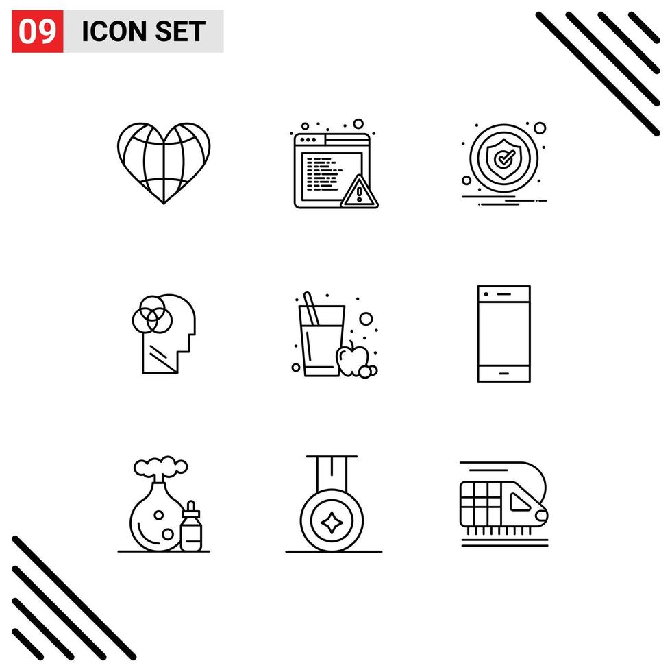 Set of 9 Modern UI Icons Symbols Signs for fruit juice head alert intelligent human intelligence Editable Vector Design Elements