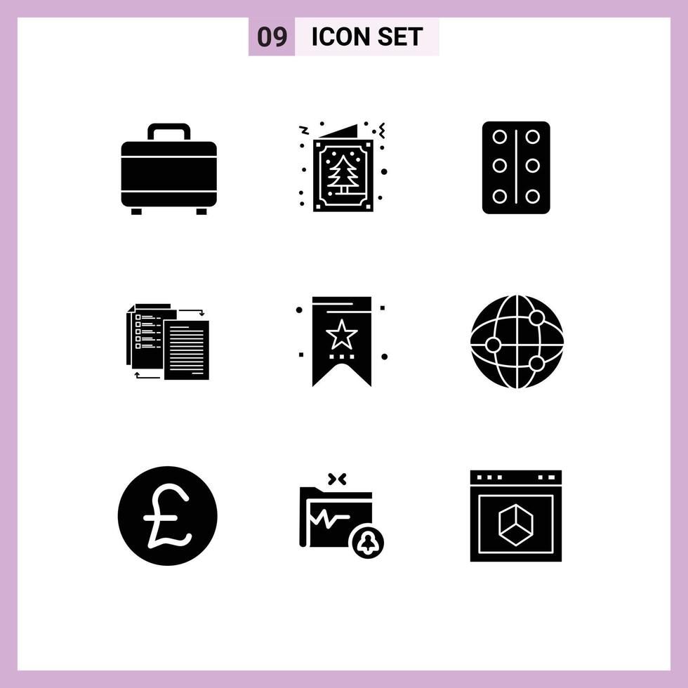 Set of 9 Commercial Solid Glyphs pack for tag bookmark remedy shareit transfer Editable Vector Design Elements