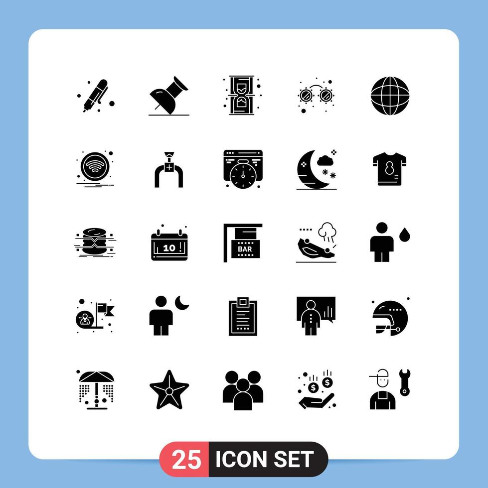 Pack of 25 Modern Solid Glyphs Signs and Symbols for Web Print Media such as world location hourglass global glasses Editable Vector Design Elements