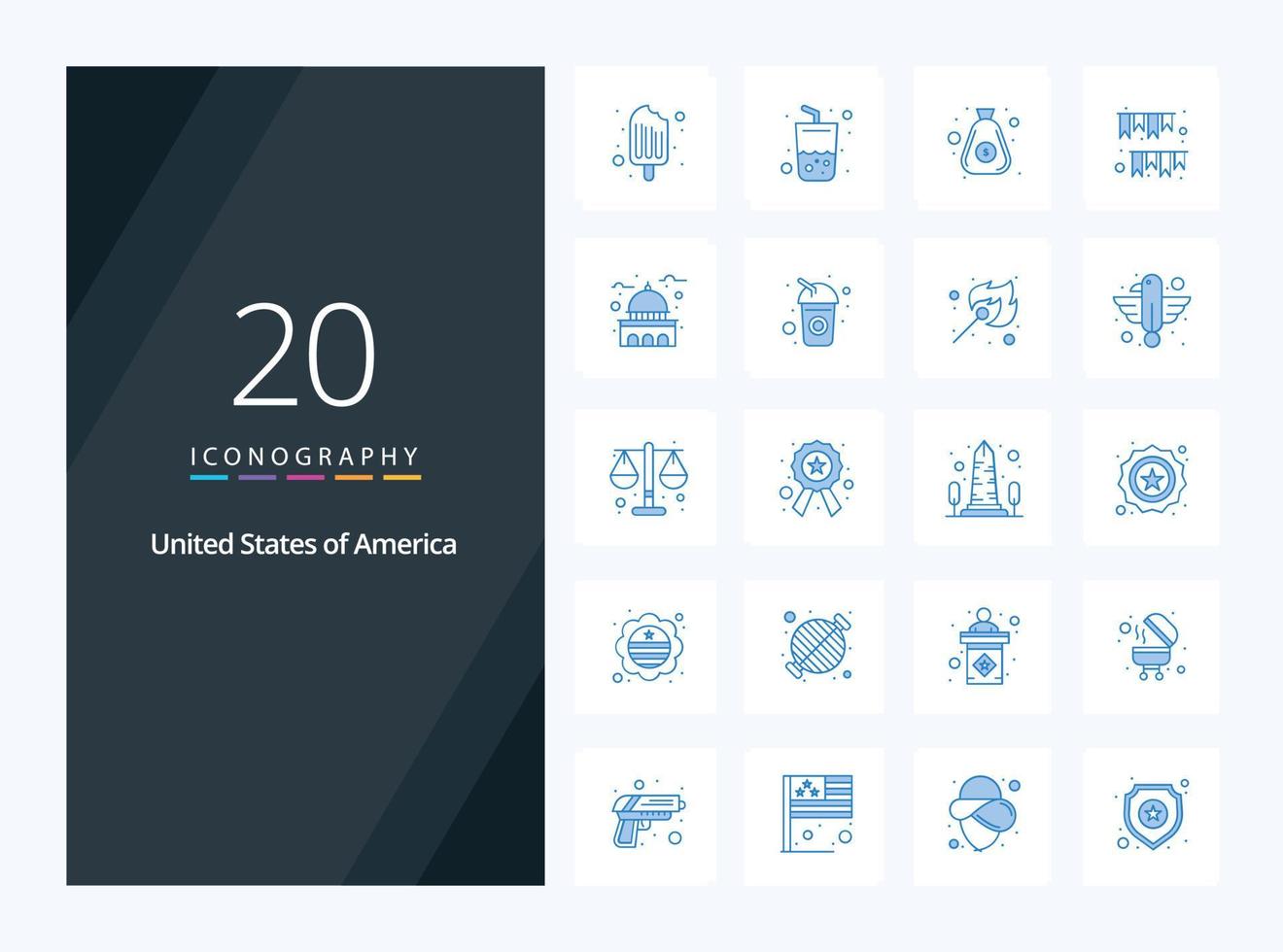 20 icono de color azul de estados unidos para presentación vector