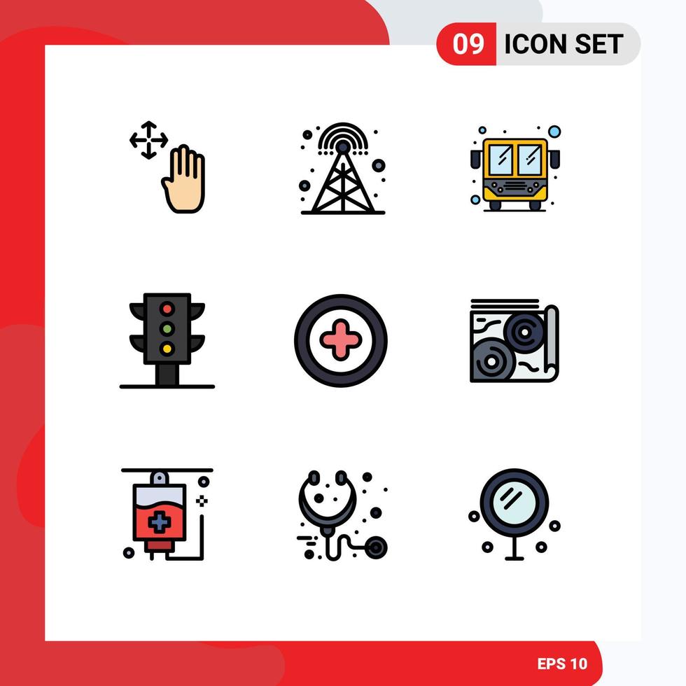 Pictogram Set of 9 Simple Filledline Flat Colors of map add bus media traffic Editable Vector Design Elements