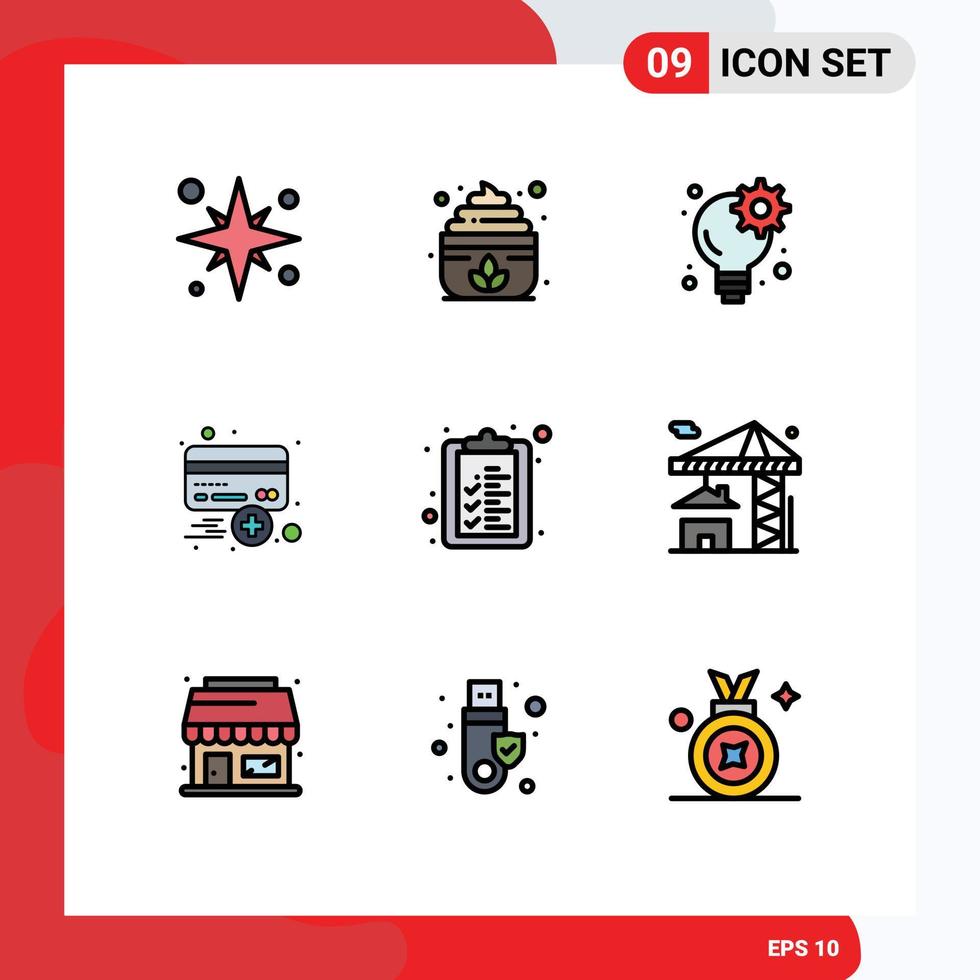 Stock Vector Icon Pack of 9 Line Signs and Symbols for check list plus brainstorm credit add Editable Vector Design Elements