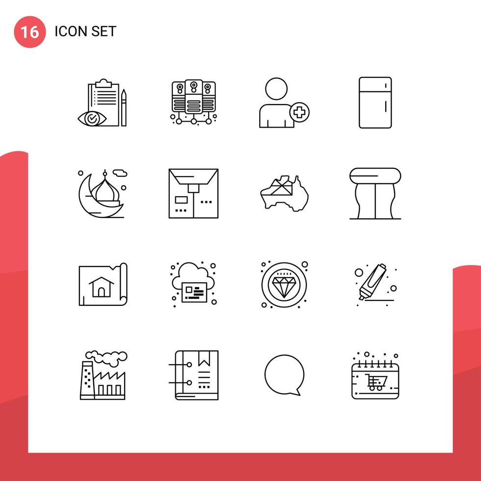 Modern Set of 16 Outlines and symbols such as cresent household add on home fridge Editable Vector Design Elements