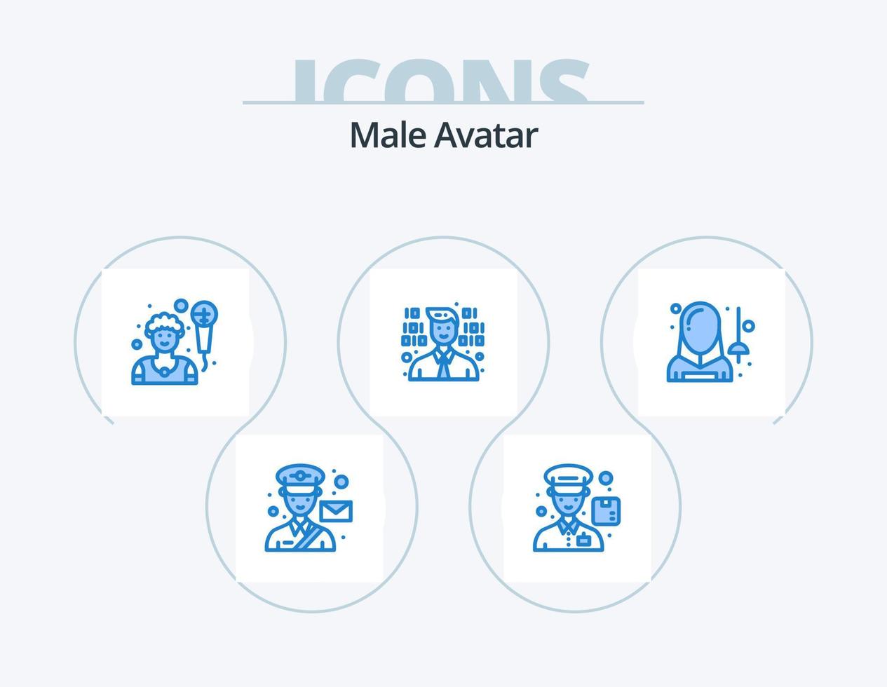 avatar masculino icono azul paquete 5 diseño de iconos. hombre. avatar. artista. Esgrima. programador vector