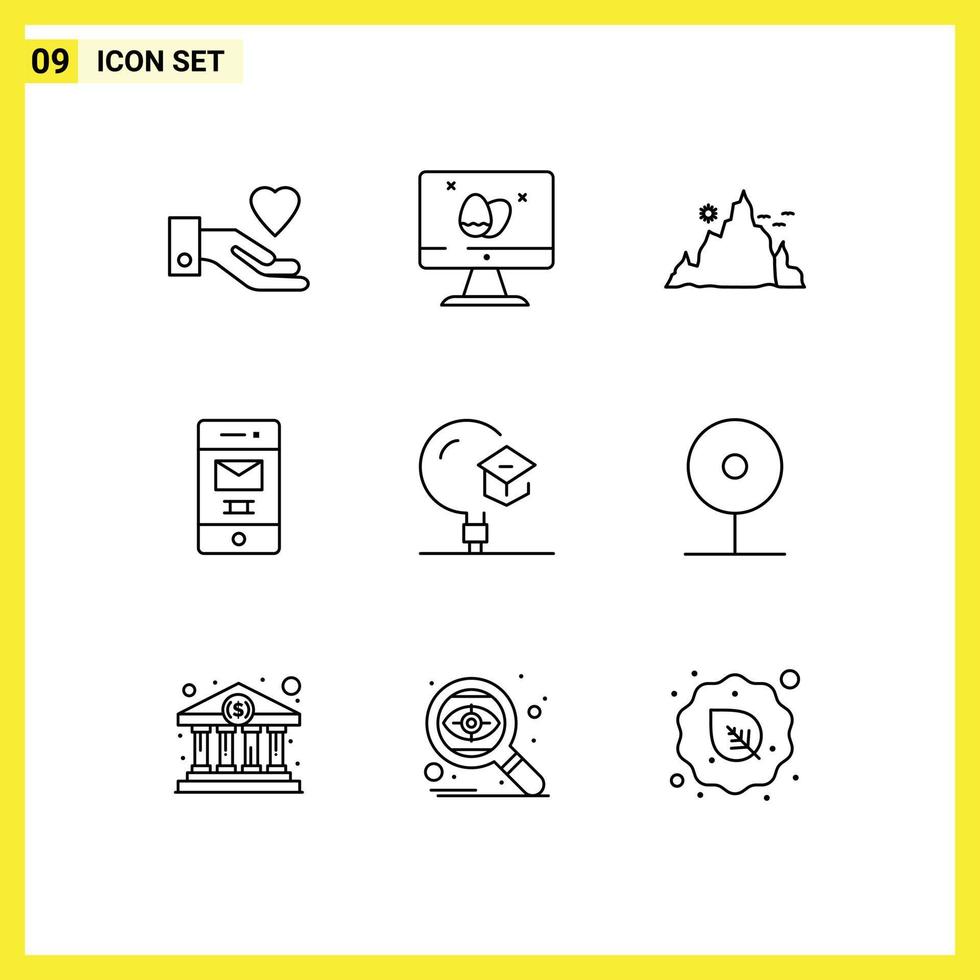 Mobile Interface Outline Set of 9 Pictograms of knowledge recycle landscape message deleted Editable Vector Design Elements