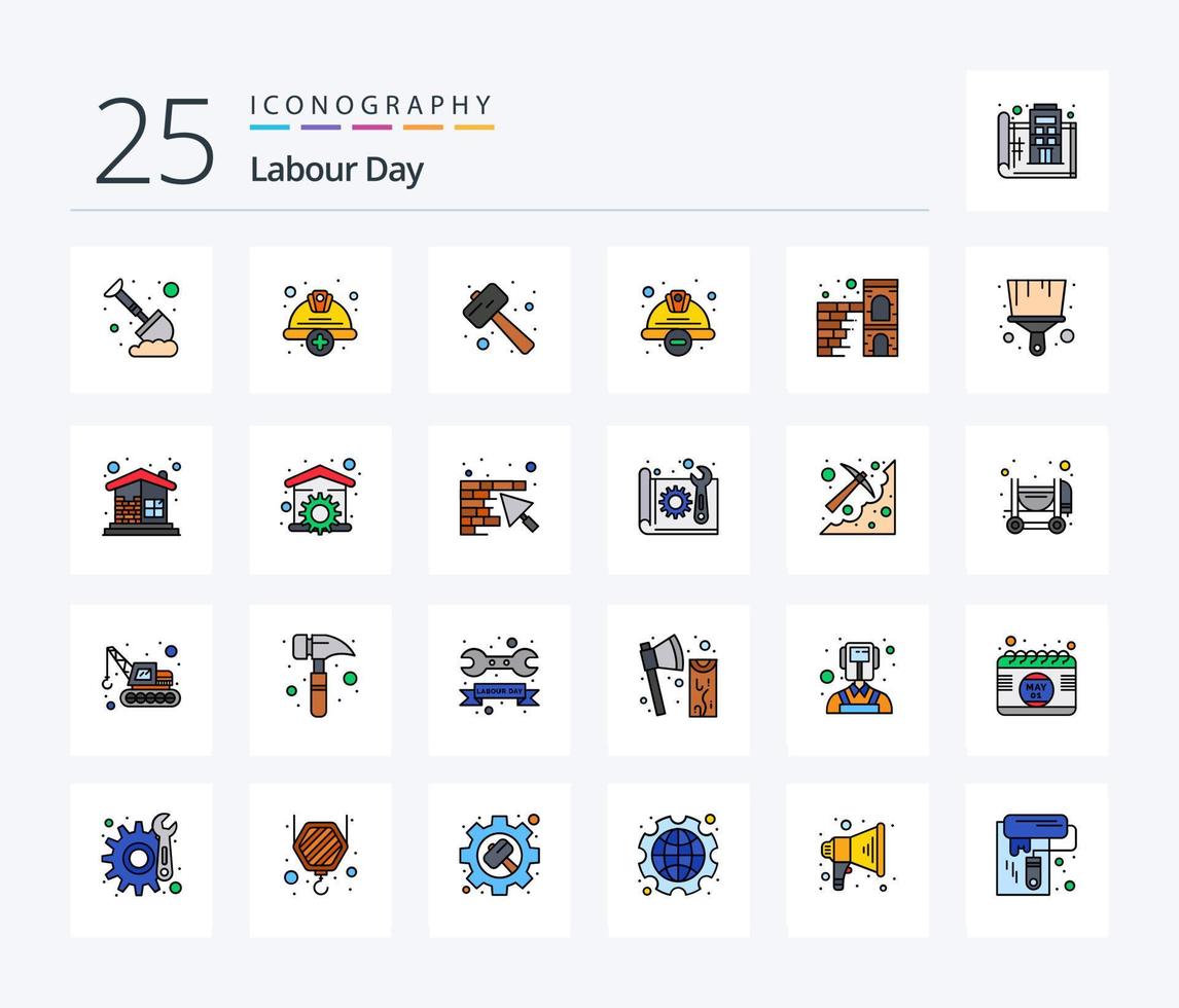 paquete de iconos llenos de 25 líneas del día del trabajo que incluye seguridad. construcción. labor. gorra. aplastar vector