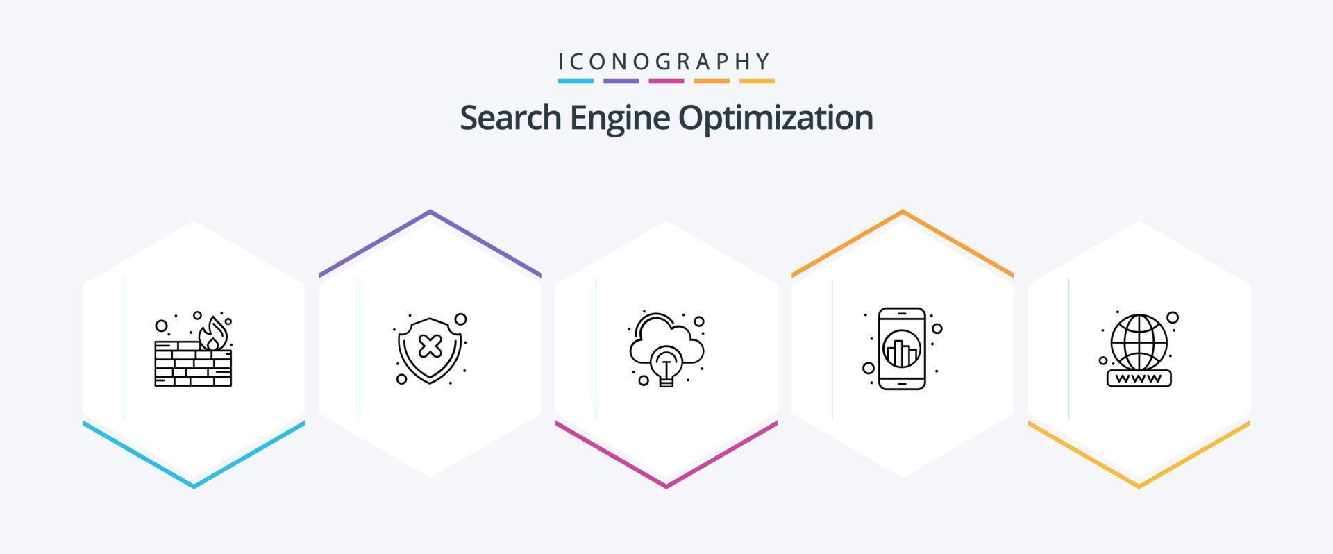 paquete de iconos de 25 líneas seo que incluye todo el mundo. Registro de Dominio. idea. dominio. móvil vector