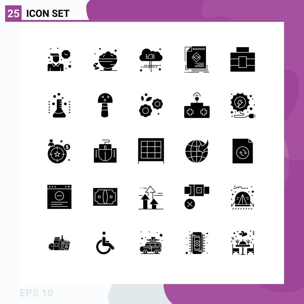 Set of 25 Vector Solid Glyphs on Grid for briefcase magazine open leaflet ad Editable Vector Design Elements