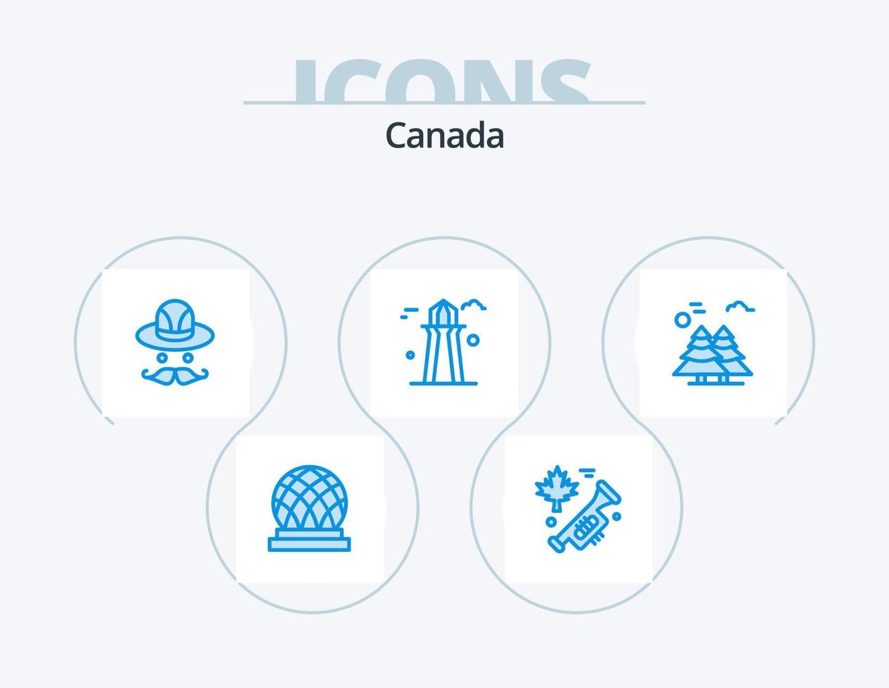 Canadá icono azul paquete 5 diseño de iconos. Pinos. ártico. sombrero. alpino. torre de canadá vector