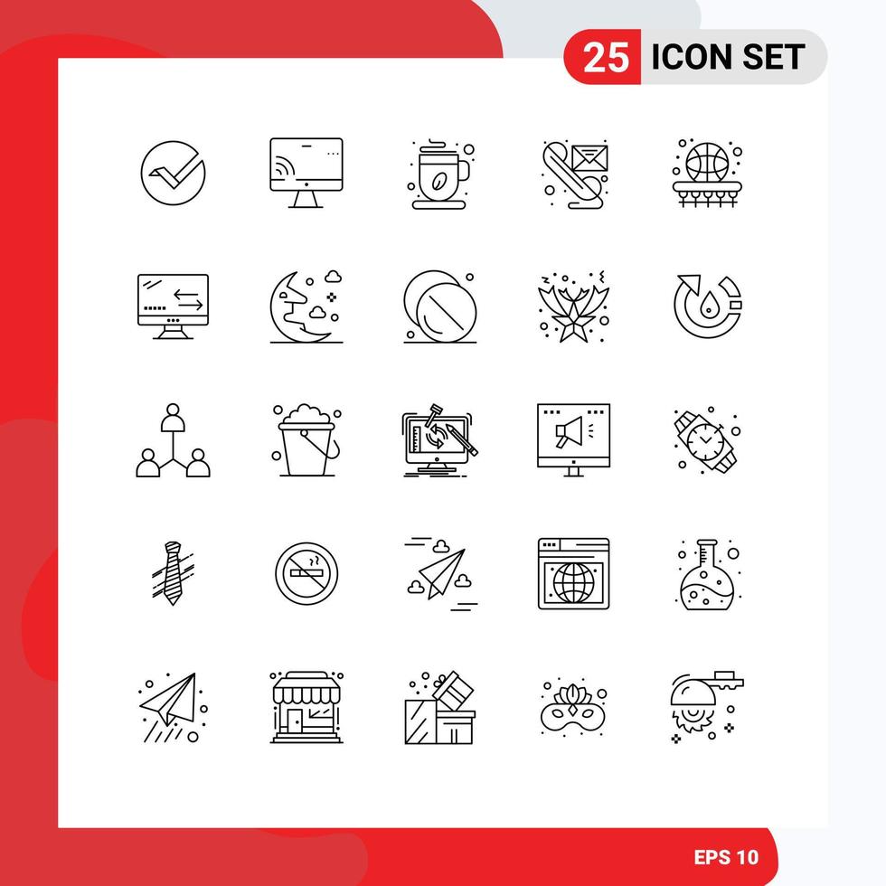 Mobile Interface Line Set of 25 Pictograms of ball send coffee phone email Editable Vector Design Elements