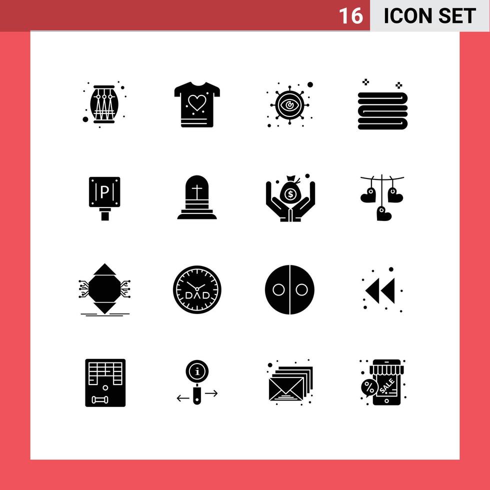 User Interface Pack of 16 Basic Solid Glyphs of hotel board eye parking cleaning Editable Vector Design Elements