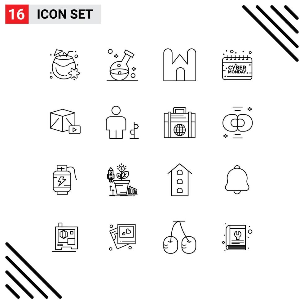 Group of 16 Modern Outlines Set for monday cyber medical calendar fortress Editable Vector Design Elements