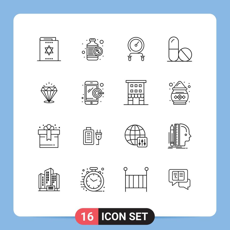 Universal Icon Symbols Group of 16 Modern Outlines of diamound science rx medicine intensity Editable Vector Design Elements