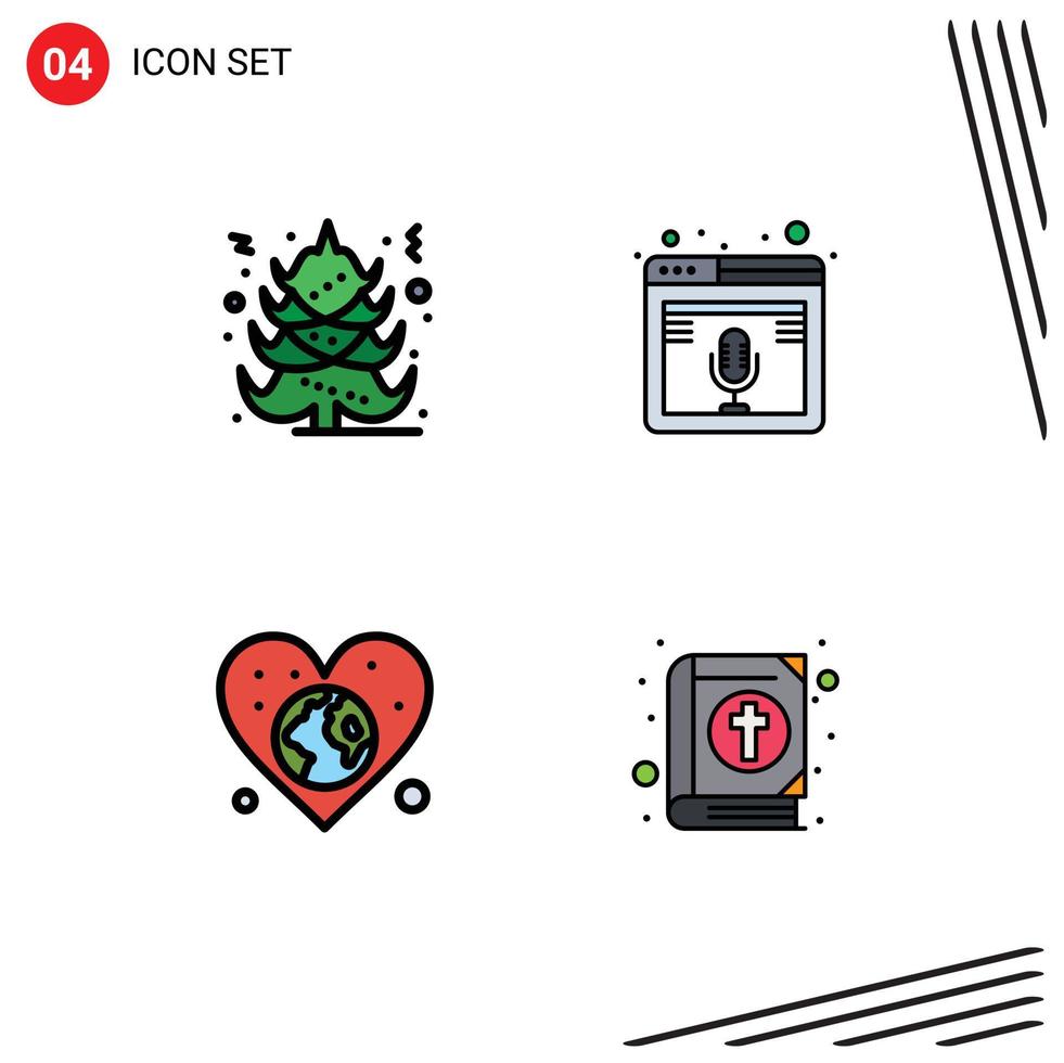 grupo de 4 signos y símbolos de colores planos de línea rellena para el podcast de internet del globo de navidad amor elementos de diseño de vectores editables