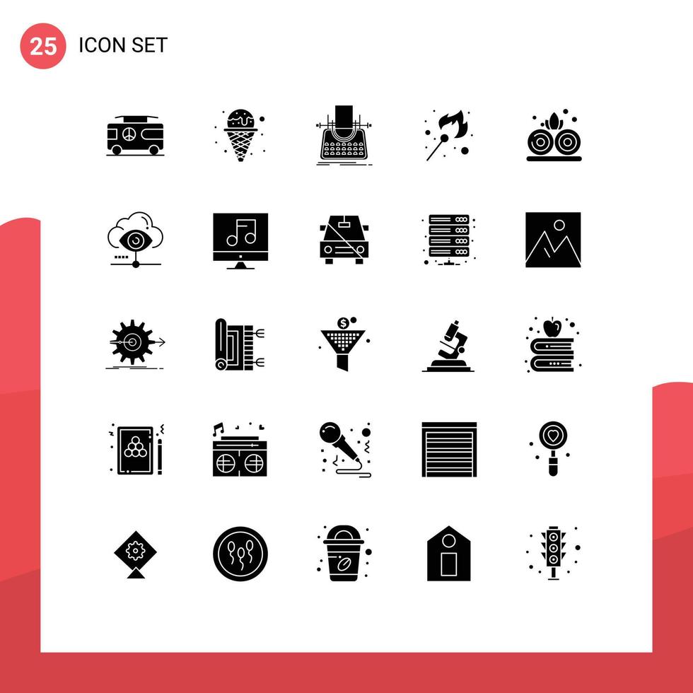 25 Universal Solid Glyph Signs Symbols of lotus lighter article flame writer Editable Vector Design Elements