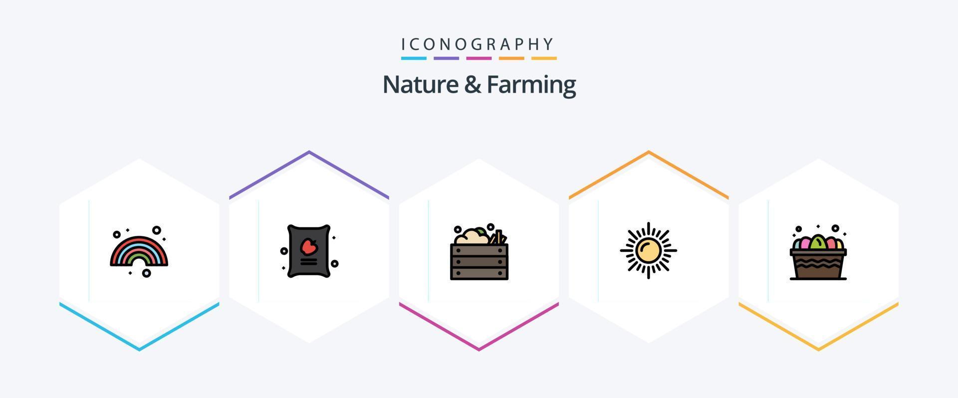 paquete de iconos de 25 líneas completas de naturaleza y agricultura que incluye huevo. sol. agricultura. naturaleza. vegetales vector