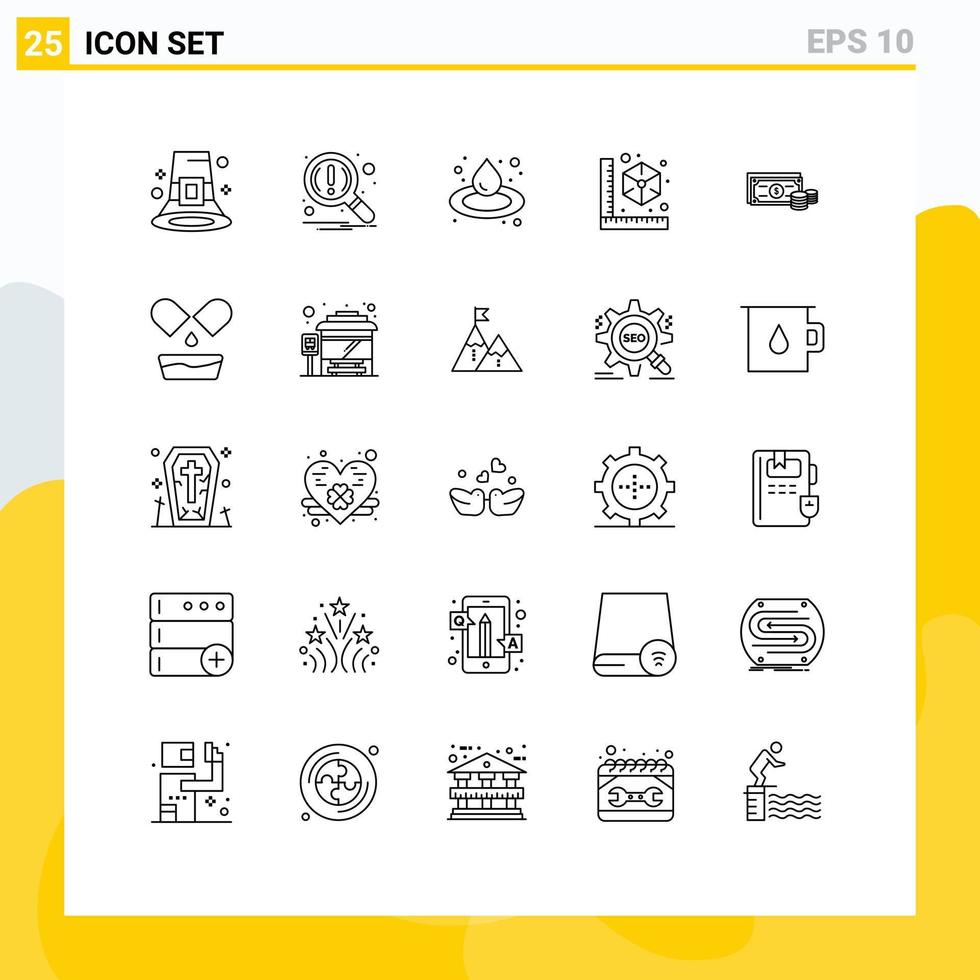 Modern Set of 25 Lines Pictograph of coins printer search model cube Editable Vector Design Elements