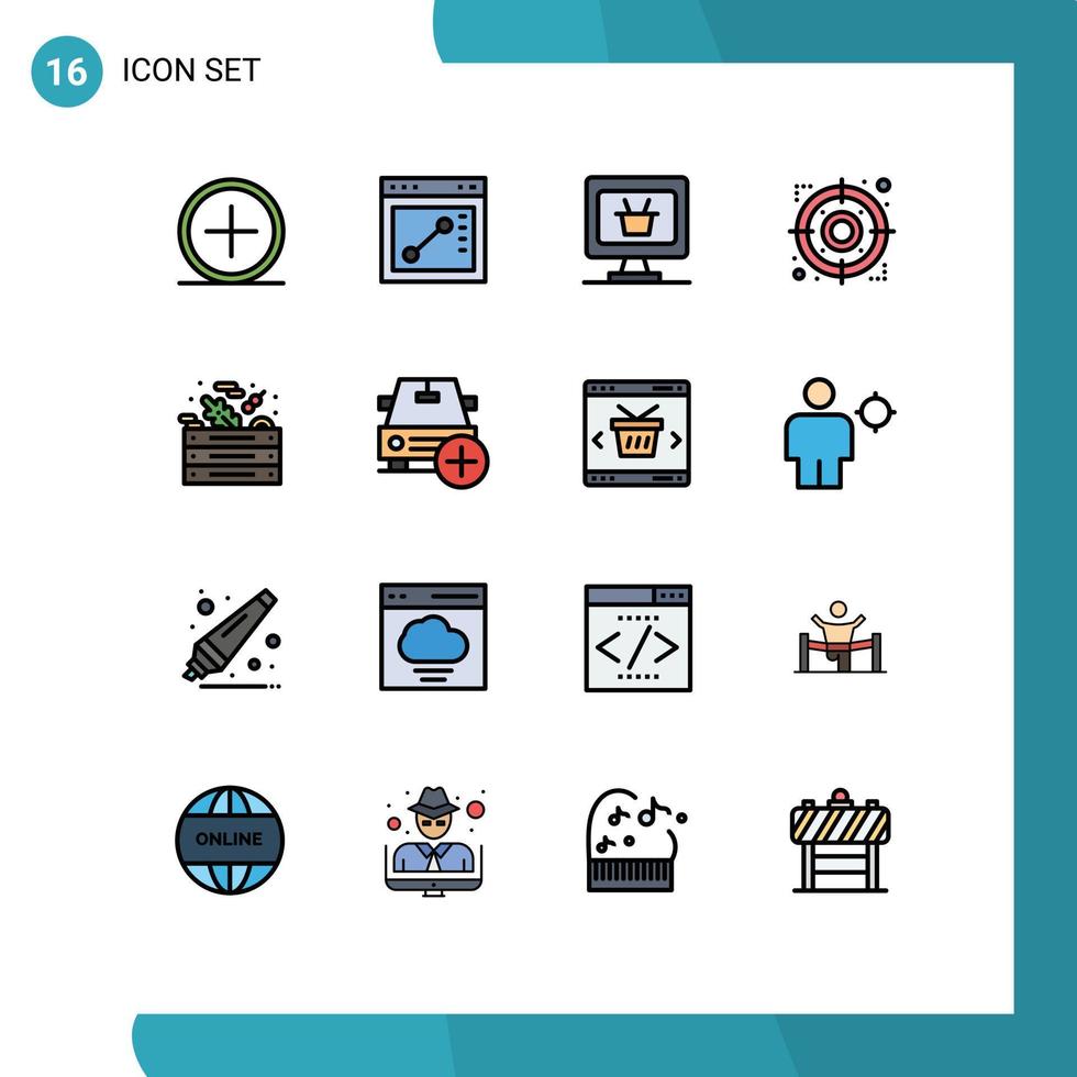 grupo de 16 líneas rellenas de color plano, signos y símbolos para verduras, estrategia de enfoque del monitor verde, elementos de diseño de vectores creativos editables