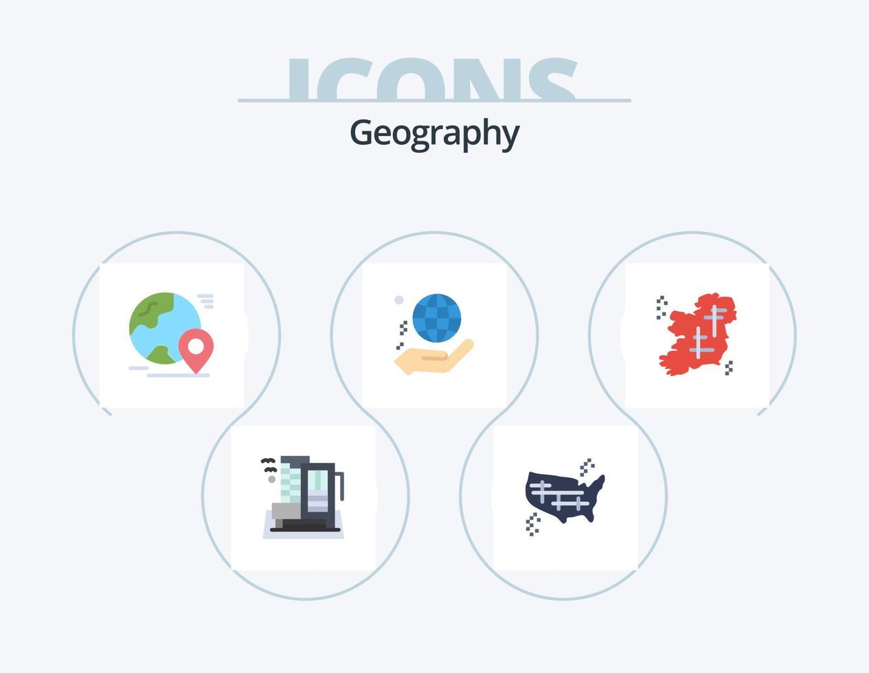 Geo Graphy Flat Icon Pack 5 Icon Design. globe. hand. states. tour. pin vector