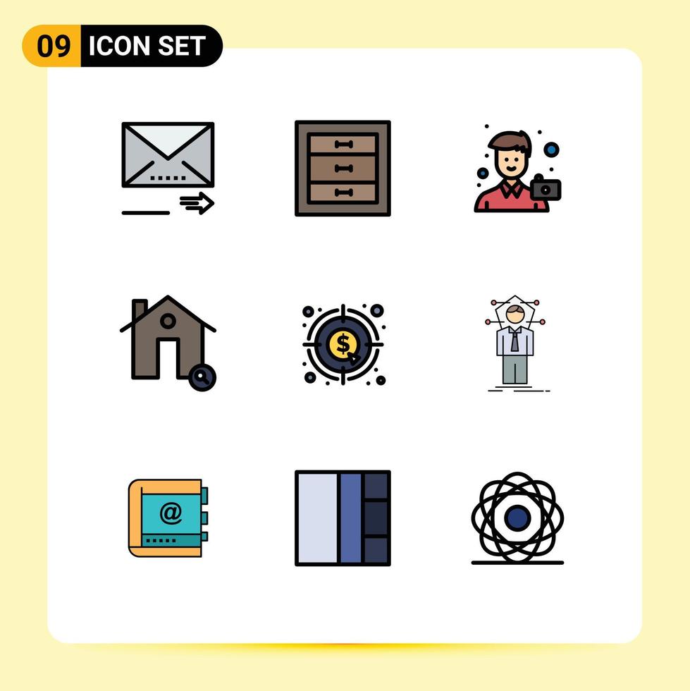 9 User Interface Filledline Flat Color Pack of modern Signs and Symbols of real find camera estate portrait Editable Vector Design Elements