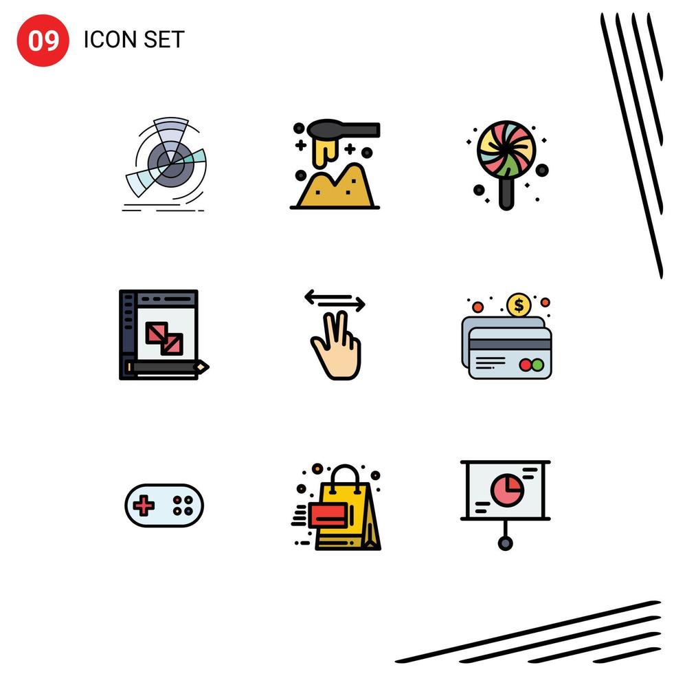 User Interface Pack of 9 Basic Filledline Flat Colors of gestures panel wooden development coding Editable Vector Design Elements