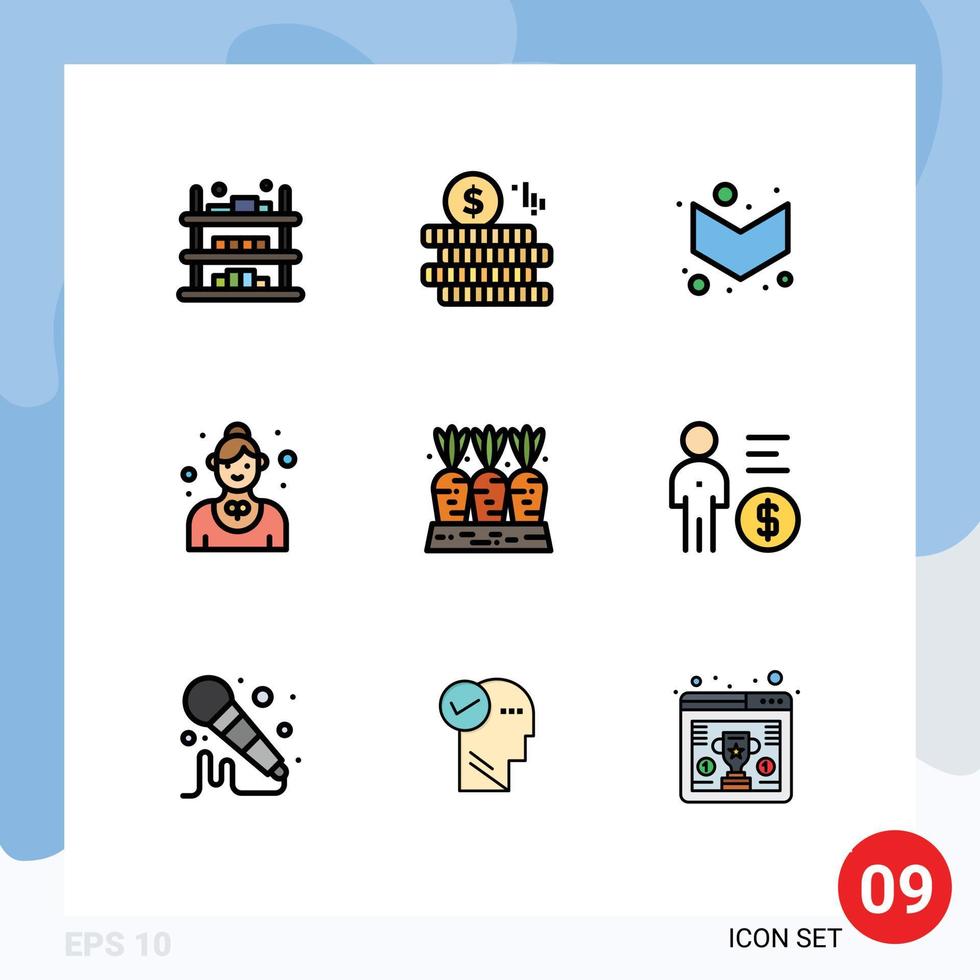 9 concepto de color plano de línea completa para sitios web móviles y aplicaciones zanahoria camarera flecha servicio empleado elementos de diseño vectorial editables vector