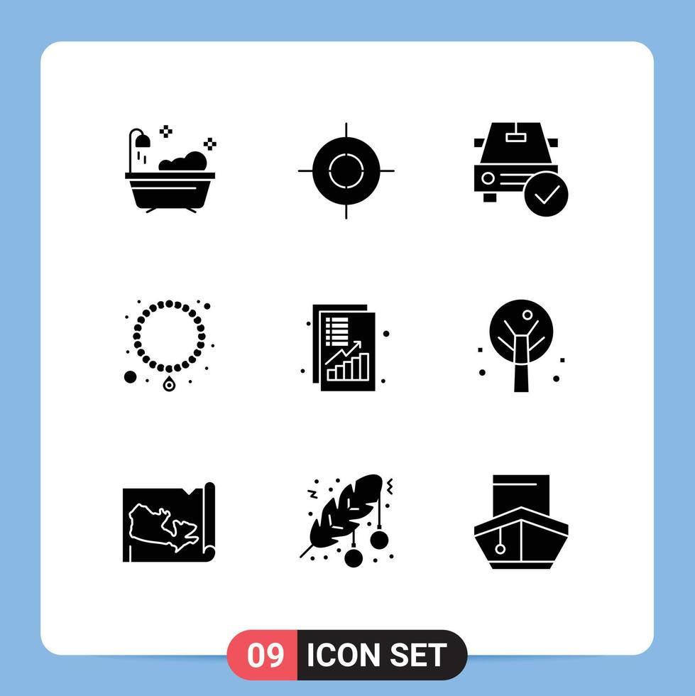 9 User Interface Solid Glyph Pack of modern Signs and Symbols of money income complete analysis necklace Editable Vector Design Elements