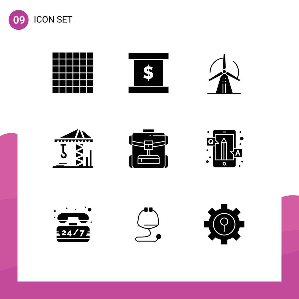 Set of 9 Commercial Solid Glyphs pack for education hotel power service bag Editable Vector Design Elements