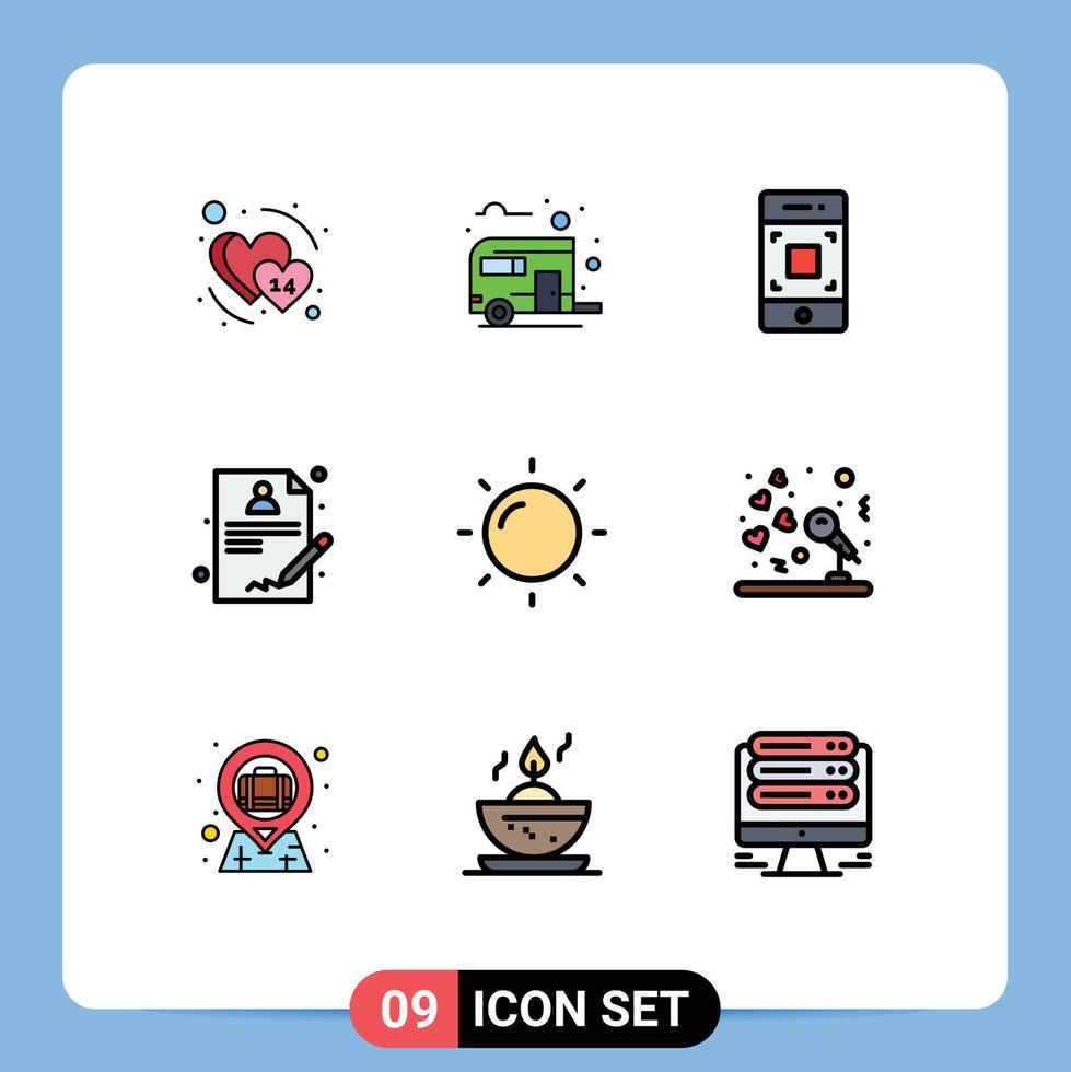 Group of 9 Filledline Flat Colors Signs and Symbols for sun doctor summer report technology Editable Vector Design Elements