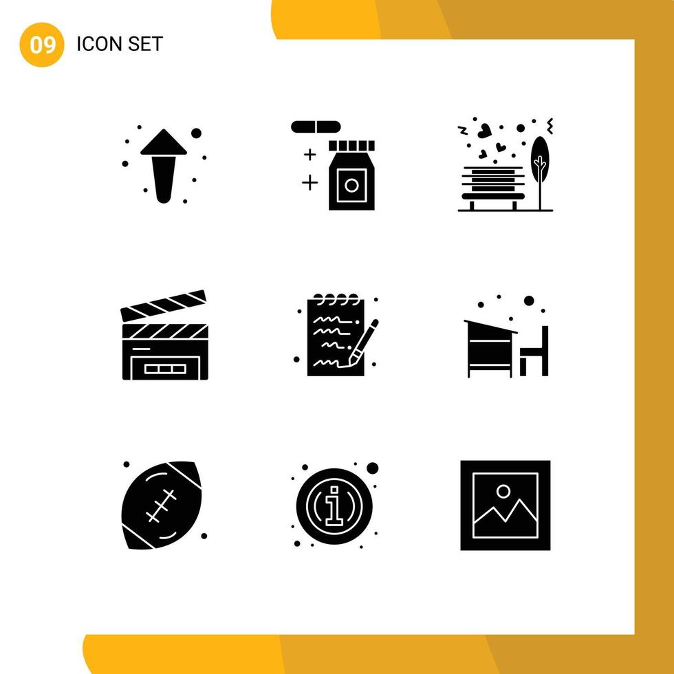 9 Universal Solid Glyphs Set for Web and Mobile Applications note film flap love clapperboard clapboard Editable Vector Design Elements