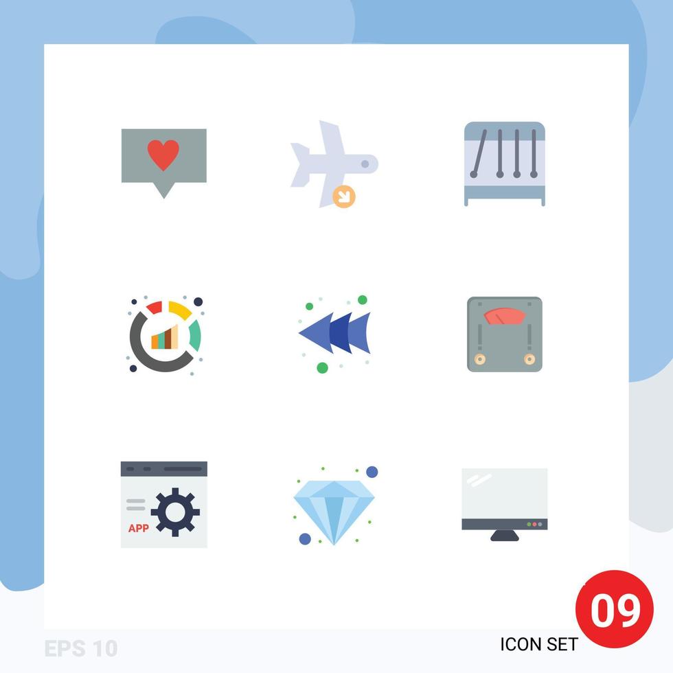 Group of 9 Flat Colors Signs and Symbols for rewind arrow physics analysis report Editable Vector Design Elements