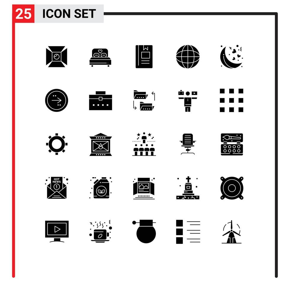 25 Universal Solid Glyph Signs Symbols of valentines moon book location reading Editable Vector Design Elements