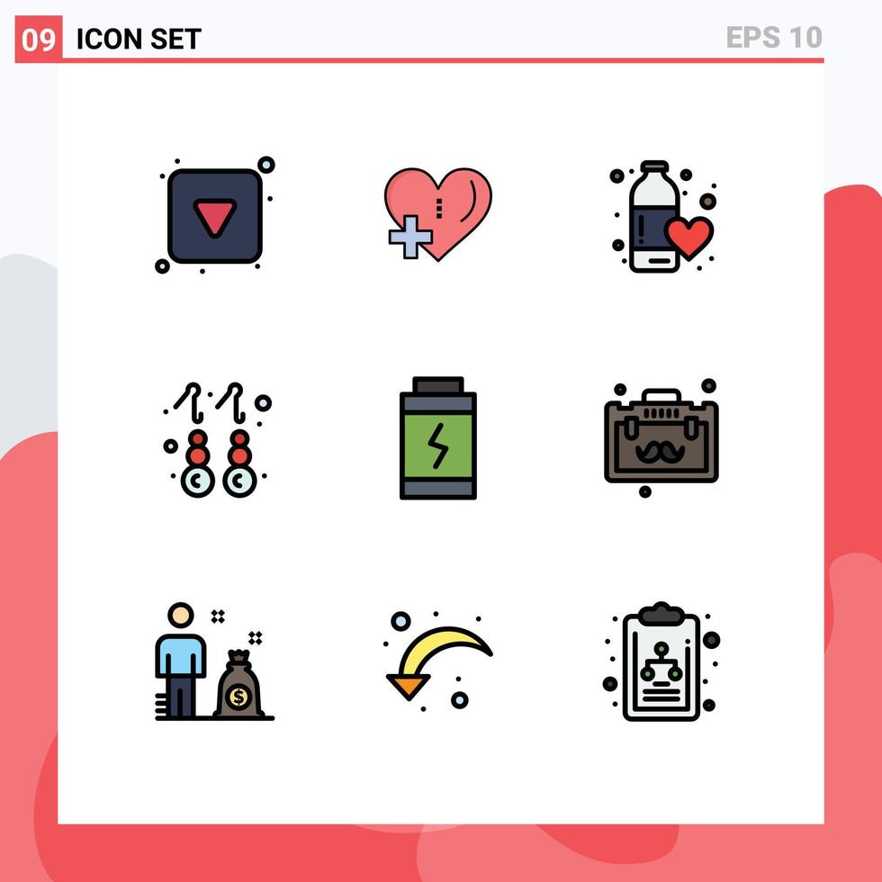 Pack of 9 Modern Filledline Flat Colors Signs and Symbols for Web Print Media such as battery gold diet fashion love Editable Vector Design Elements