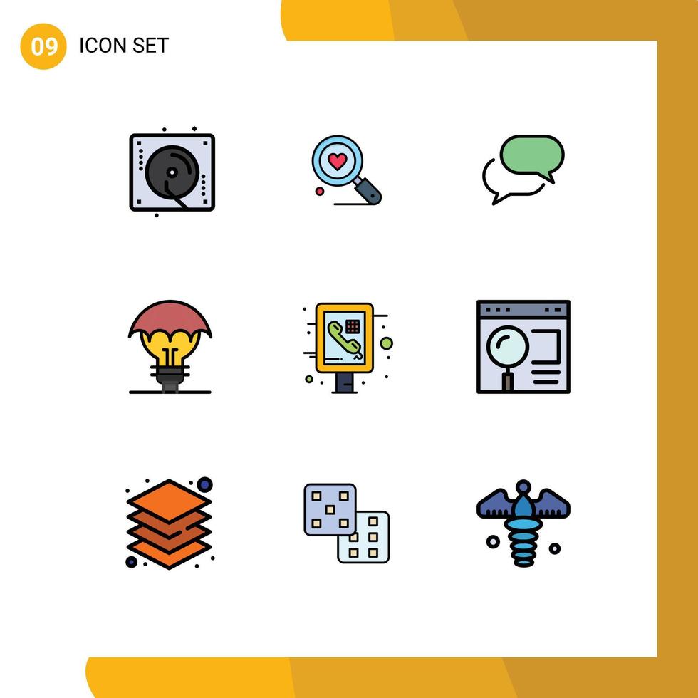 grupo de 9 signos y símbolos de colores planos de línea rellena para la idea gráfica de información chateando ideas protegidas de defensa elementos de diseño de vectores editables