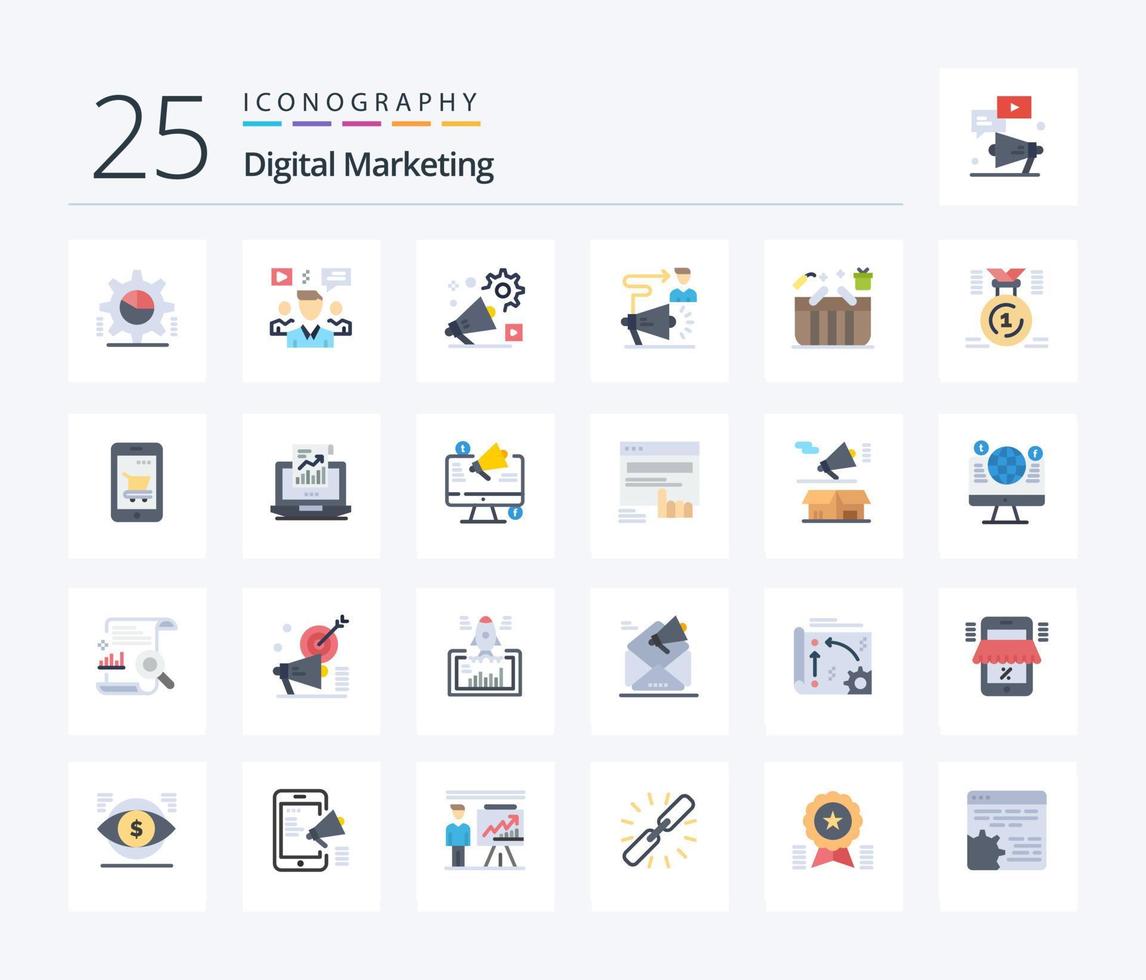 Digital Marketing 25 Flat Color icon pack including user. campaign. video. advertisment. announcement vector