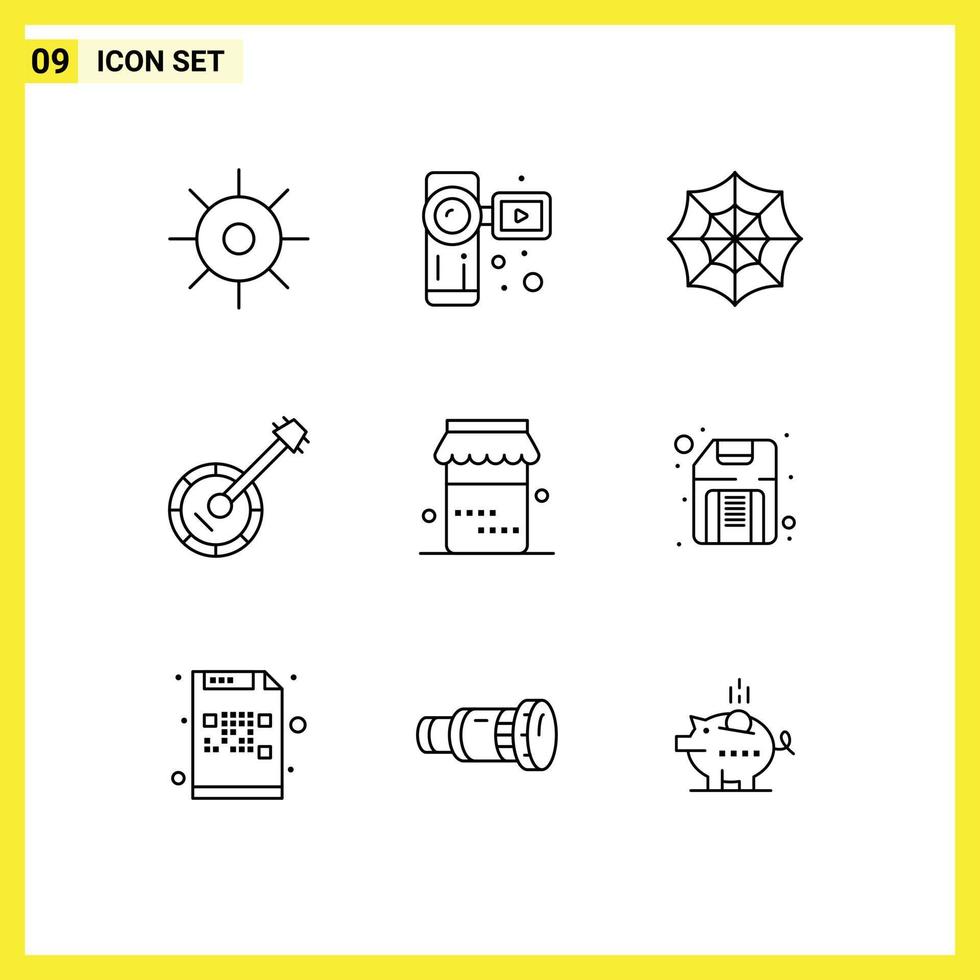 Modern Set of 9 Outlines and symbols such as food sound halloween music banjo Editable Vector Design Elements