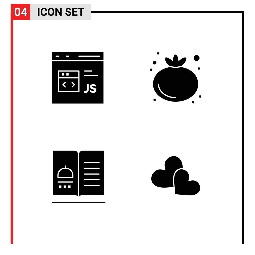 User Interface Pack of 4 Basic Solid Glyphs of code food development tomato recipes Editable Vector Design Elements